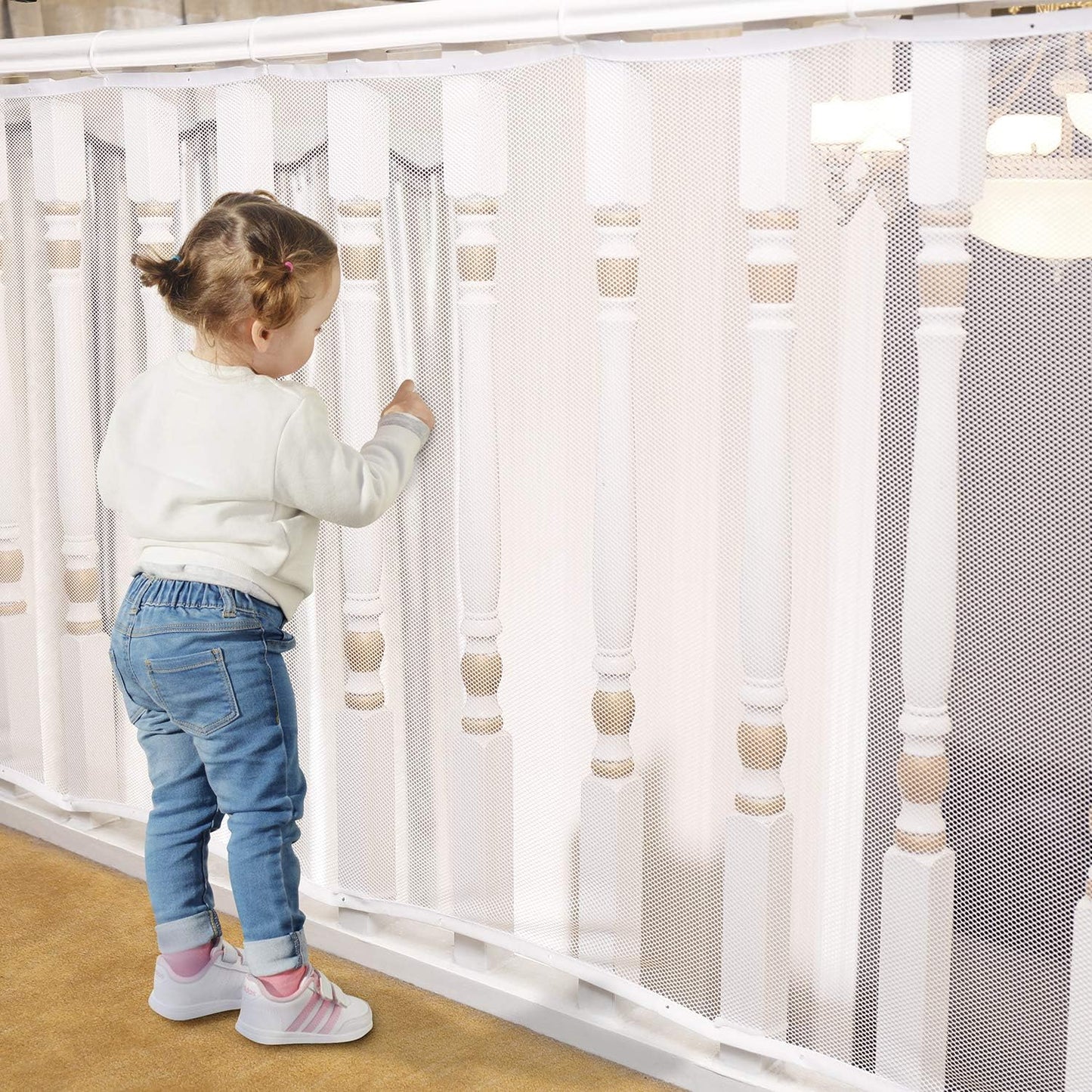 Banister Guard for Baby - 15Ft X 3Ft, Child Safety Net, Rail Balcony Banister Stair Mesh for Kids, Toys, Pets - White