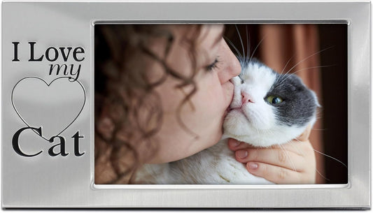 MIMOSA MOMENTS Brushed Silver Metal 6X4 Pet Picture Frame Saying I Love My Cat(Brushed Silver-Cat, 4X6 Horizontal)