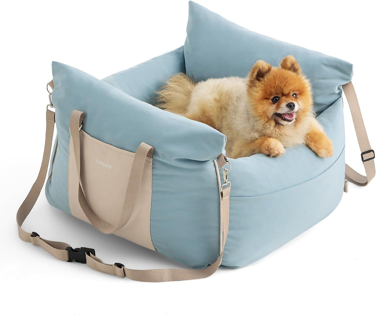 Lesure Small Dog Car Seat for Small Dogs - Waterproof Dog Booster Seat for Car with Storage Pockets and Clip-On Safety Leash and Thickened Memory Foam Filling, Pet Travel Carrier Bed, Light Blue