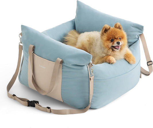 Lesure Small Dog Car Seat for Small Dogs - Waterproof Dog Booster Seat for Car with Storage Pockets and Clip-On Safety Leash and Thickened Memory Foam Filling, Pet Travel Carrier Bed, Light Blue