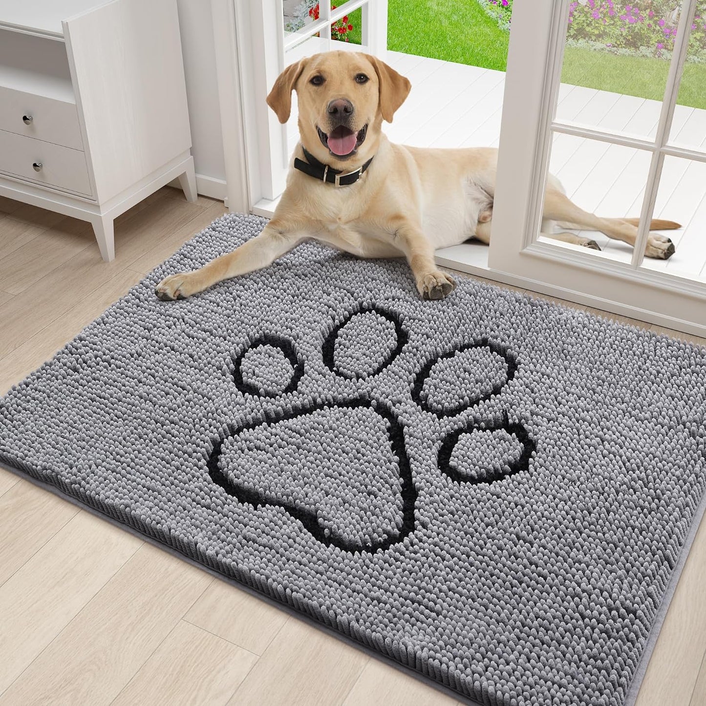 Smiry Dog Door Mat for Muddy Paws, Absorbent Dirt Trapper Non-Slip Washable Mat, Quick Dry Chenille, Mud Mat for Dogs, Entry Indoor Door Mat for inside Floor (48X28 Inches, Grey)