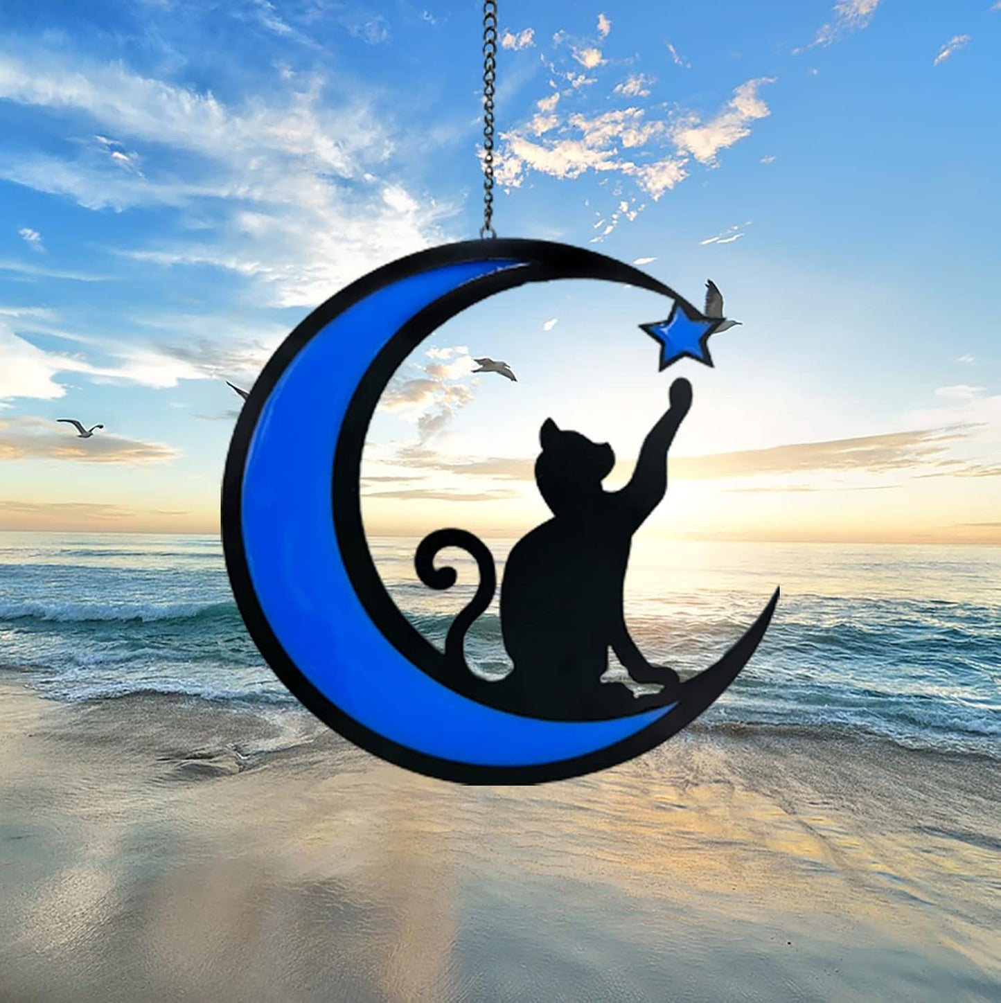 Cat Memorial Gifts Luminous Pet Memorial Gifts Sun Catcher for Cat Lovers Black Cat and Blue Moon Light on Window Loss of Cat Sympathy Gift(Blue)