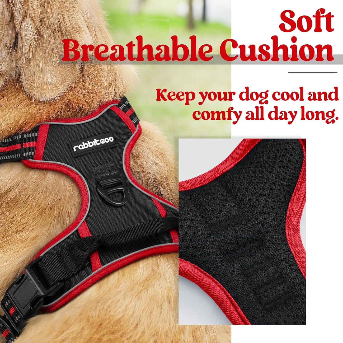 Rabbitgoo Dog Harness, No-Pull Pet Harness with 2 Leash Clips, Adjustable Soft Padded Dog Vest, Reflective No-Choke Pet Oxford Vest with Easy Control Handle for Large Dogs, Black & Red, L