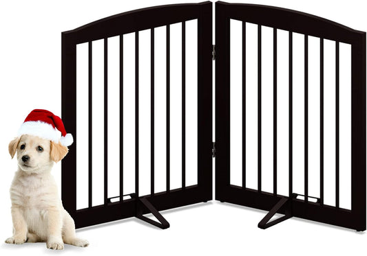 Freestanding Pet Gate for Dogs, Foldable Wooden Dog Gate for House, Indoor Dog Gate for Stairs, Doorways, Step over Pet Puppy Safety Fence, Support Feet Included, 24" Height 2 Panels, Brown