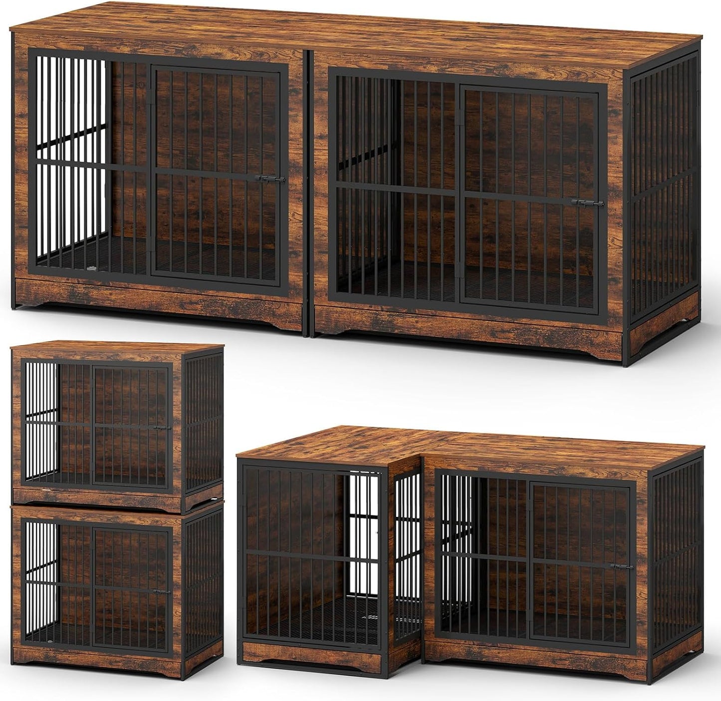 86 Inch DIY Double Dog Crate Furniture, 4 Combination Forms Large Dog Kennel Furniture with Divider and Trays, Rustic Brown Corner Double Dog Crate for 2 Dogs