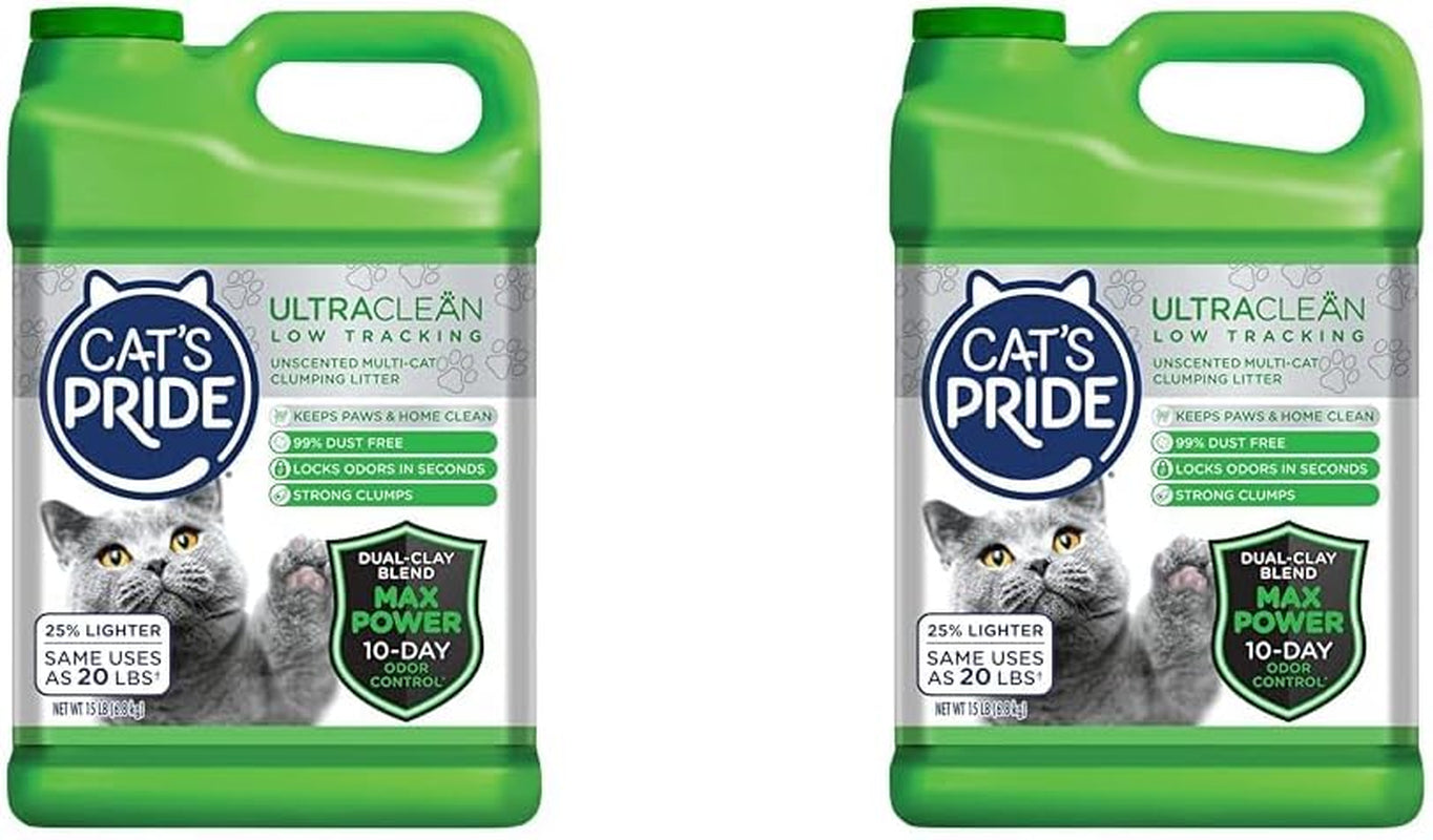 Cat'S Pride Max Power: Ultraclean Low Tracking Multi-Cat Clumping Litter - Keeps Paws & Home Clean - up to 10 Days of Powerful Odor Control - 99% Dust Free - Unscented, 15 Pounds (Pack of 2)