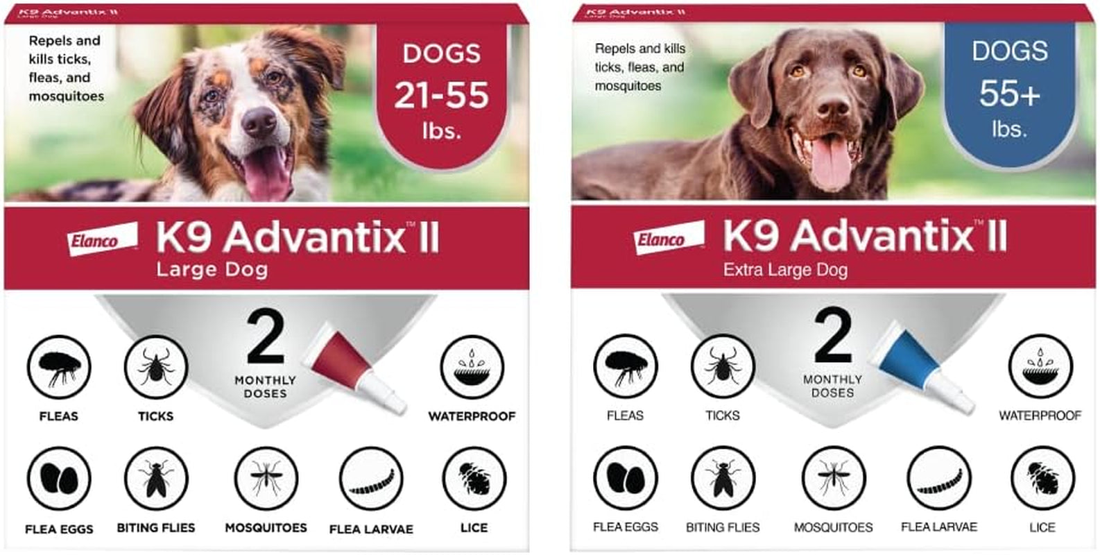 K9 Advantix II XL Dog over 55 Lbs & Large Dog 21-55 Lbs Vet-Recommended Flea, Tick & Mosquito Treatment & Prevention | 2-Mo Supply Each