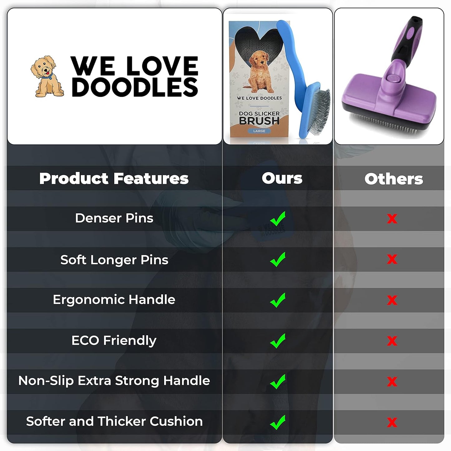 We Love Doodles Dog Slicker Brush for Grooming Pet Hair - Best Brushes for Poodle & Golden Doodle - Long Haired Brush for Dogs - Goldendoodle Long Pin Brush for Dematting (Medium Curved)