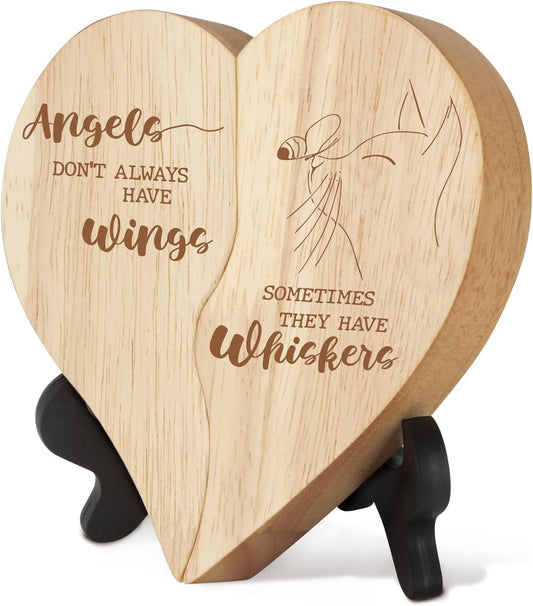 Cat Memorials Gifts - Loss of Cat Sympathy Gift, Cat Bereavement Gifts, Wooden Heart Pet Memorial Gifts, Wooden Decorative Signs Plaques - Angels Don'T Always Have Wings