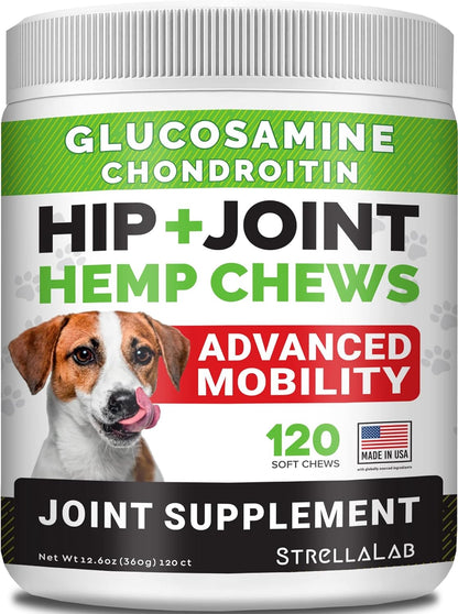 Hemp Treats - Glucosamine Dog Joint Supplement + Omega 3 - W/Hemp Oil - Chondroitin, MSM - Advanced Mobility Chews - Joint Pain Relief - Hip & Joint Care - Chicken Flavor - 120 Ct - Made in USA