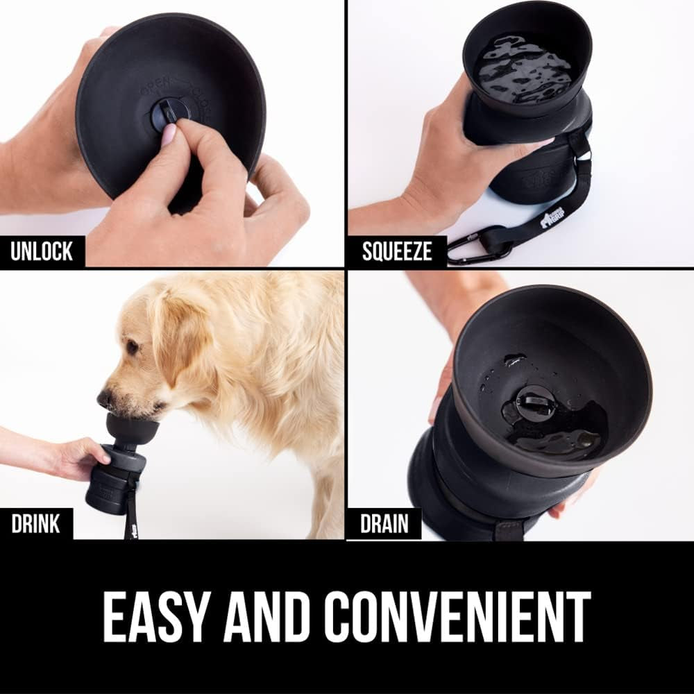 Gorilla Grip No Spill Portable Dog Water Bottle with Built in Bowl, Food Grade Silicone Leak Proof Pets Travel Drink Dispenser, Puppy Walk Training, Pet Hiking Essentials, Trip Accessories, Black