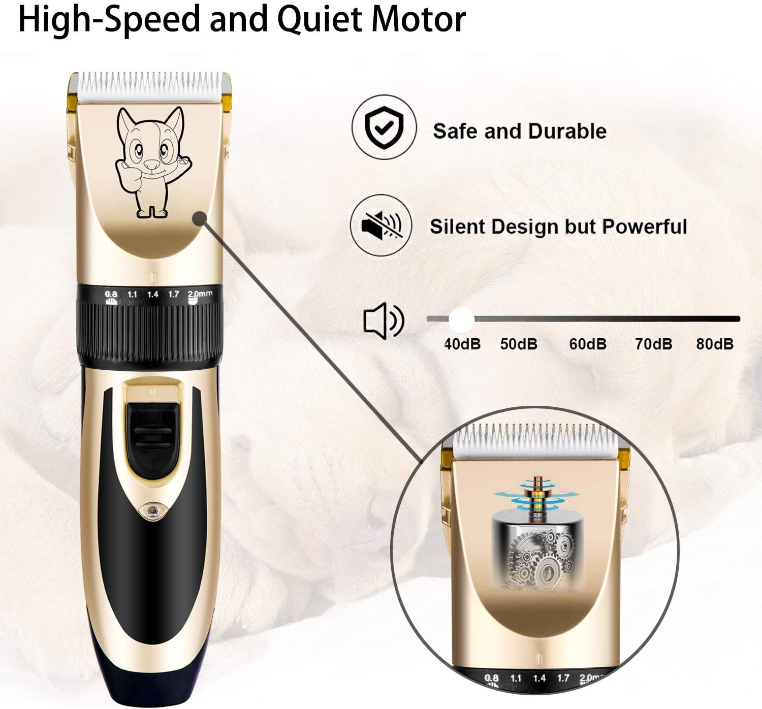 Dog Grooming Kit Clippers, Low Noise, Electric Quiet, Rechargeable, Cordless, Pet Hair Thick Coats Clippers Trimmers Set, Suitable for Dogs, Cats, and Other Pets (Gold)