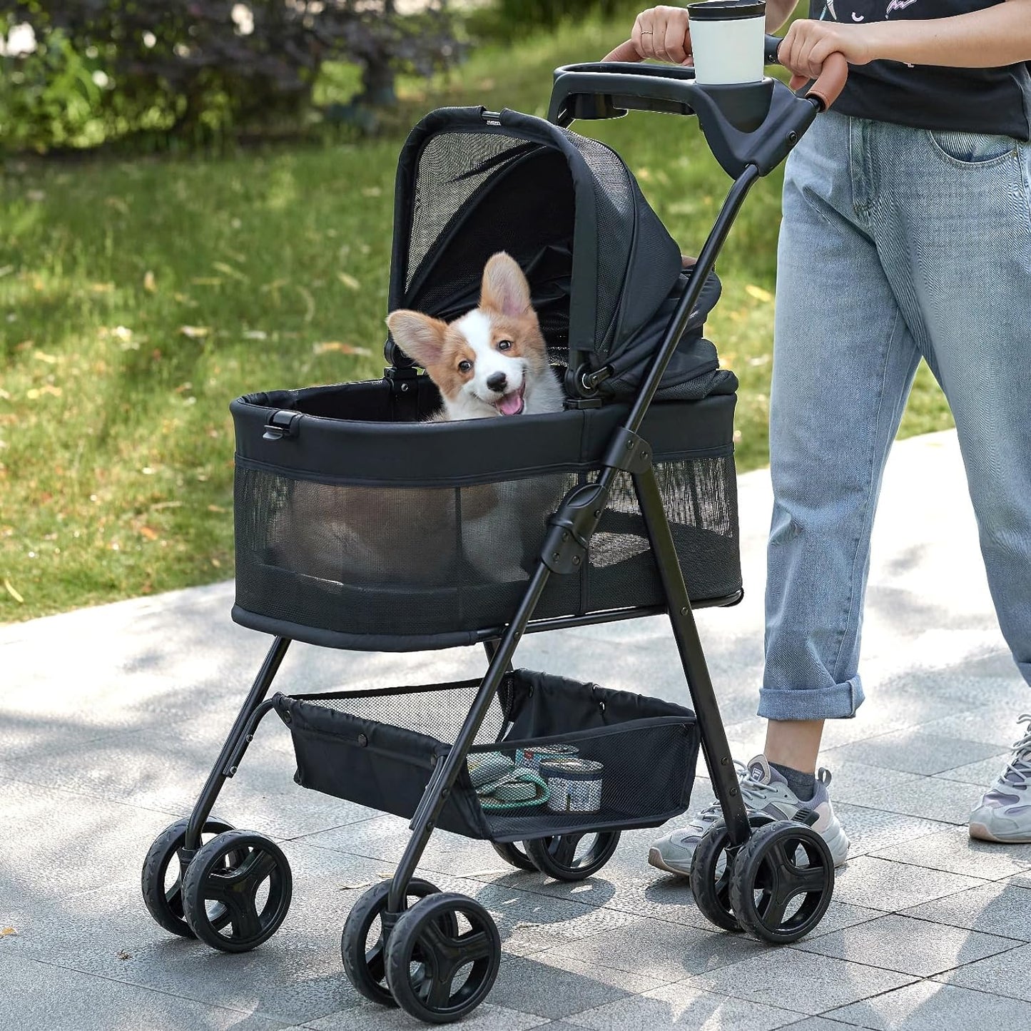 3 in 1 Folding Dog Stroller, Pet Folding Stroller, 4 Wheels Dog/Cat Puppy Stroller w/Removable Travel Carrier for Small/Medium Pet, Waterproof Pad, Car Seat, Sun Shade