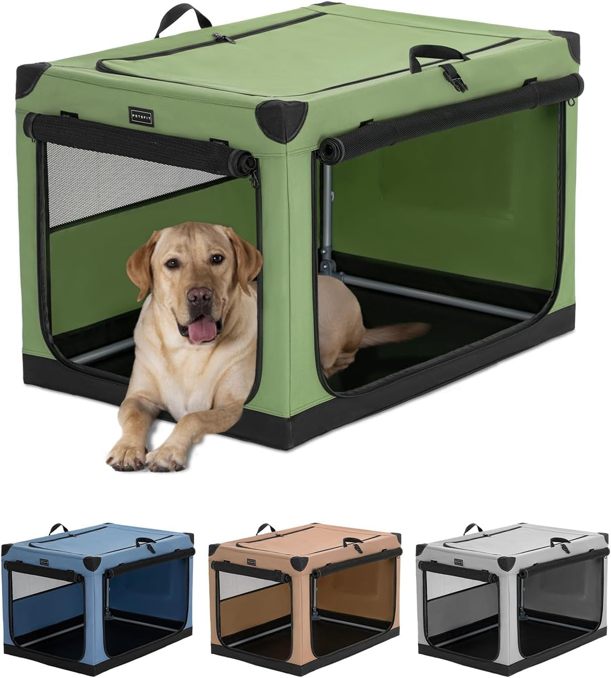 Petsfit 30 Inch Dog Kennel Indoor, Adjustable Fabric Cover by Spiral Iron Pipe, Chew Proof 3 Door Design, Soft Sided Collapsible Dog Crate Green