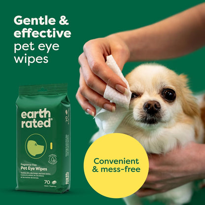 Earth Rated Dog Eye Wipes, Hypoallergenic Plant Based Eye Wipes for Dogs to Remove and Reduce Tear Stains & Eye Discharge, Fragrance Free, 70 Count