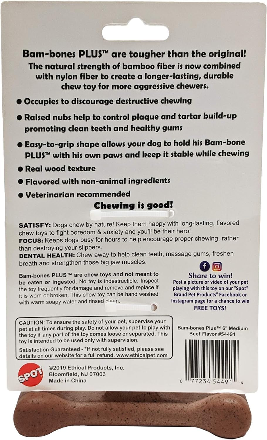 SPOT Bam-Bones plus T Bone - Bamboo Fiber & Nylon, Durable Long Lasting Dog Chew for Aggressive Chewers – Great Toy for Adult Dogs & Teething Puppies under 30Lbs, Non-Splintering, 4In, Beef Flavor