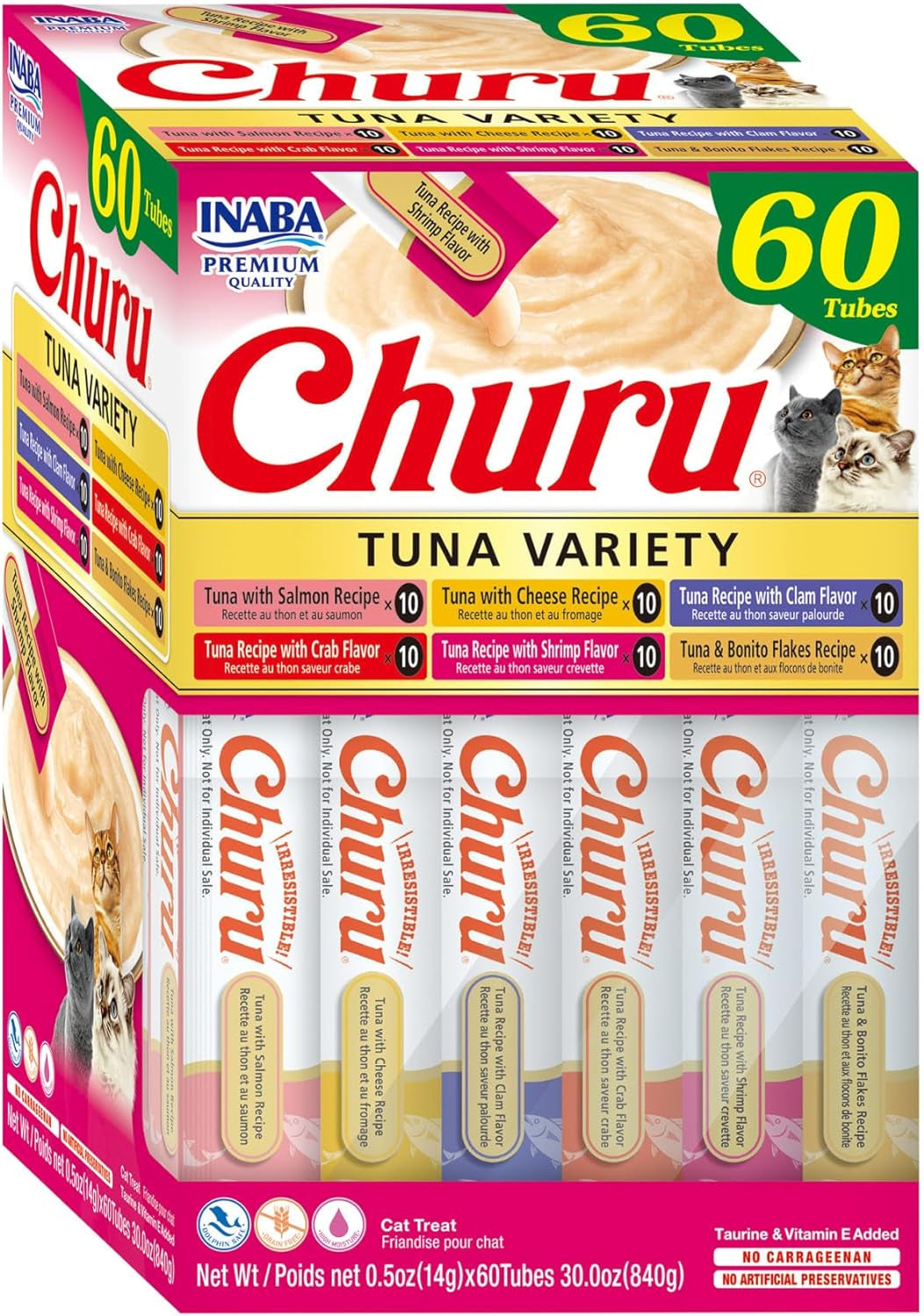 INABA Churu Cat Treats, Grain-Free, Lickable, Squeezable Creamy Purée Cat Treat/Topper, 60 Servings, Tuna Variety Box