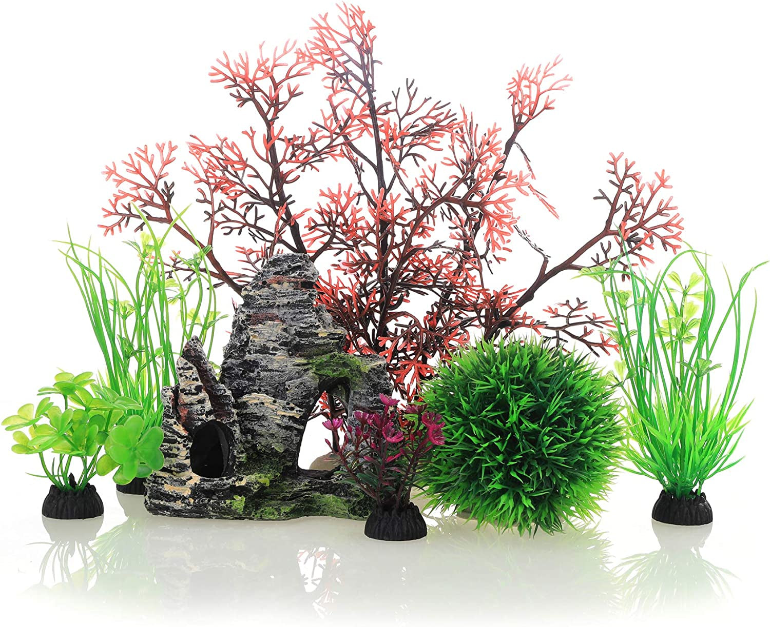 JIH Aquarium Fish Tank Plastic Plants and Cave Rock Decorations Decor Set 7 Pieces, Small and Large Artificial Fish Tank Plants with Cave Rock (CU89Red-7)