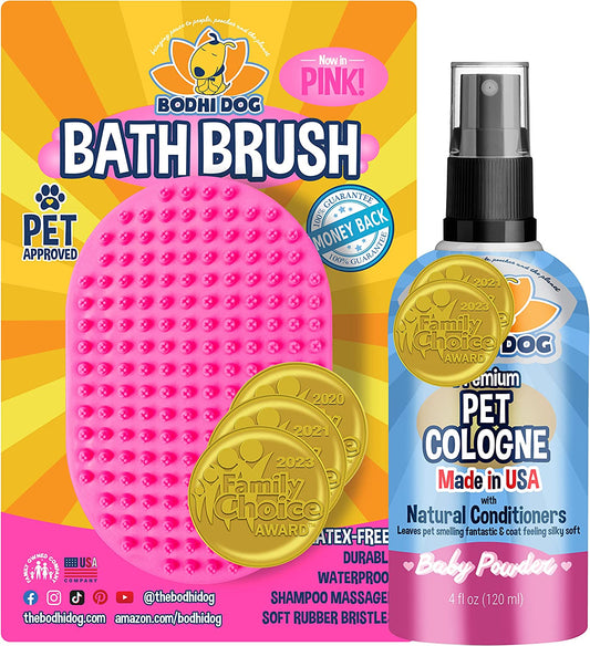 Bodhi Dog Baby Powder Scent Dog Cologne 4Oz Premium Scented Deodorizing + Soothing Rubber Pink Bath Brush for Dogs & Cats Washing | Fresh Scent Dog Perfume & Bath Brush for Pet Grooming Bundle