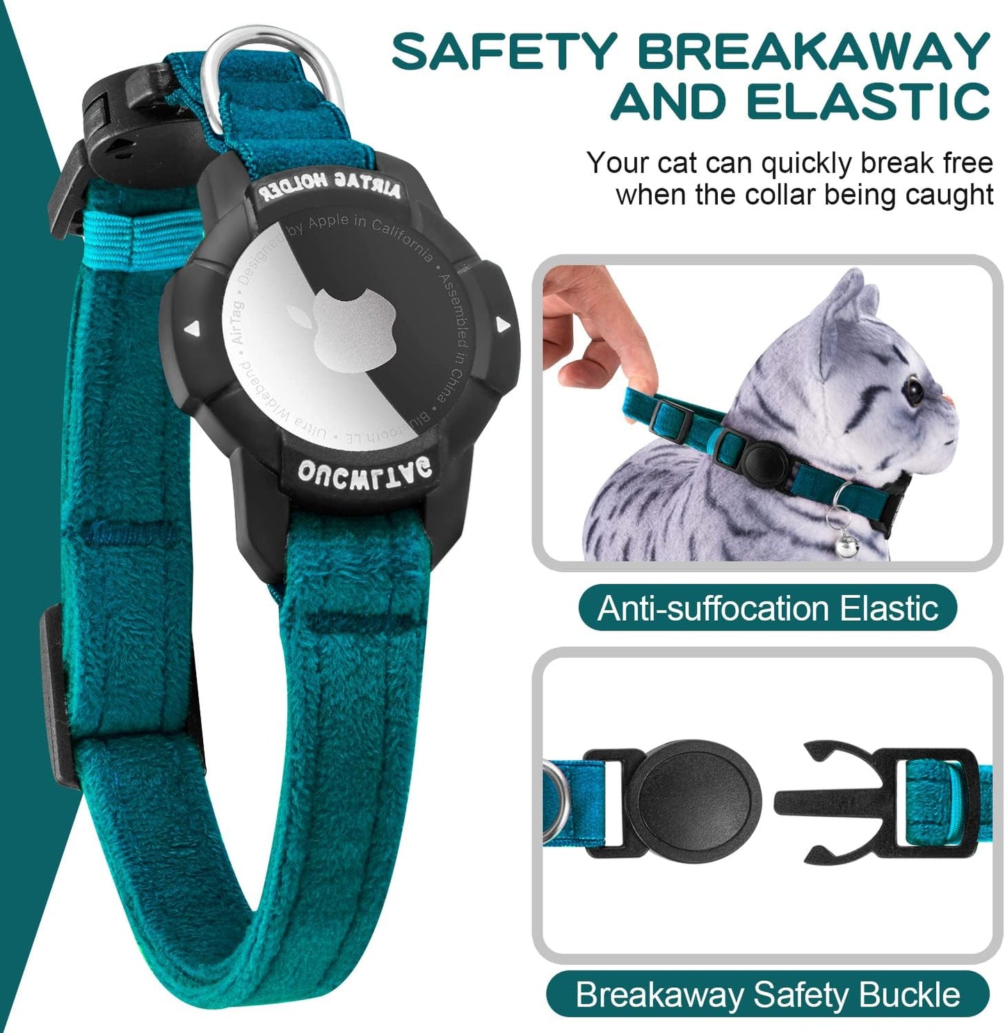 Luminous Airtag Cat Collar Breakaway, OUCWLTAG GPS Cat Collar with Apple Air Tag Holder, Cat Tracker Collars with Safety Elastic Band for Girl Boy Cats, Kittens and Puppies (Blue, 9-13 Inch)