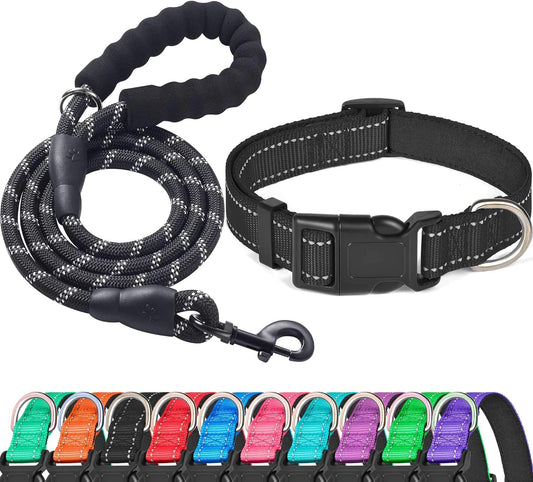 Reflective Dog Collar Padded with Soft Neoprene Breathable Adjustable Nylon Dog Collars for Small Medium Large Dogs (Medium (Pack of 1), Black Collar+Leash)