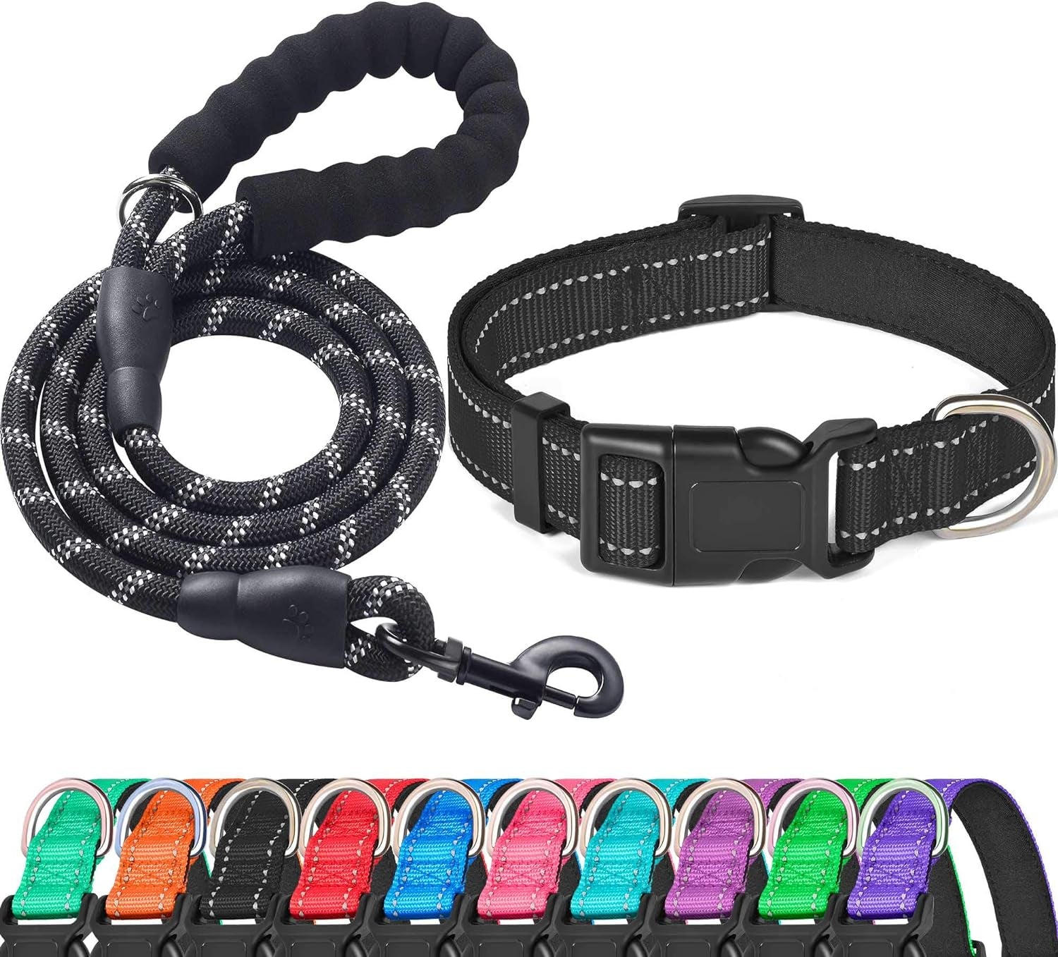 Reflective Dog Collar Padded with Soft Neoprene Breathable Adjustable Nylon Dog Collars for Small Medium Large Dogs (Small (Pack of 1), Black Collar+Leash)