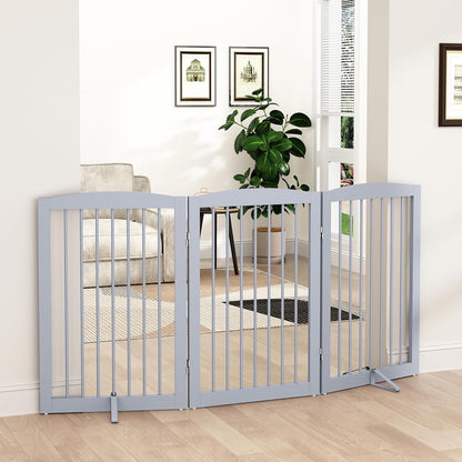 Freestanding Pet Gate for Dogs, Foldable Wooden Dog Gate for House Indoor, Tall Dog Gate for Stair, Doorway,Hall, Step over Pet Puppy Safety Fence, 3 Panels 32",Grey