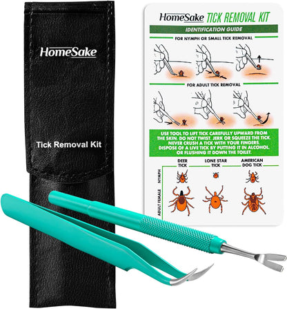 Tick Remover Tool and Tweezer Set for Humans- Pets Stainless Steel Cat and Dog Tick Removal Kit W/Storage Pouch Safe Tic Control Puller for Complete Removal of Big and Small Ticks (2 Pack)