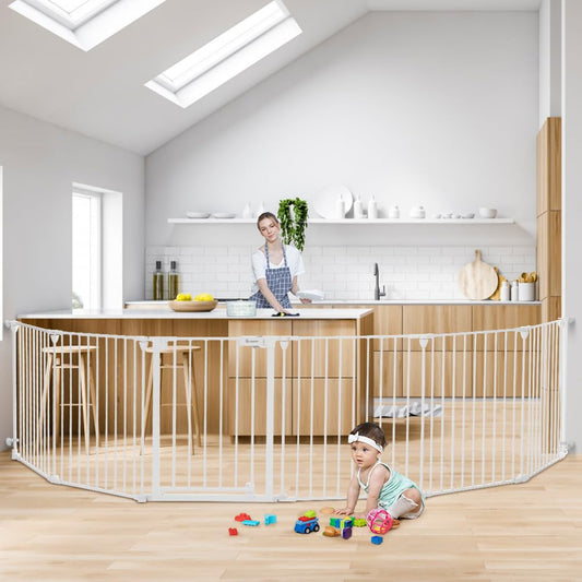 COMOMY 150" Extra Wide Baby Gate with Door, Dog Gates for the House Doorways Fireplace, Auto Close Baby Fence Play Area, Walk through Pet Gate, Hardware Mounted Baby Gate, 6-Panels (30" Tall, White)