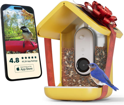 BIRD BUDDY® Original Smart Bird Feeder with Camera. High Resolution AI Camera for Beautiful Close-up Shots and a Unique Bird Watching Experience (Yellow, Bird Buddy with Solar Roof)