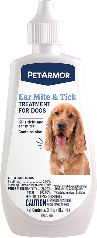 Petarmor Ear Mite Treatment for Dogs, Ear Mite Medicine Kills Ticks and Ear Mites to Relieve Itchiness, Sooths Ears with Aloe, 3Oz