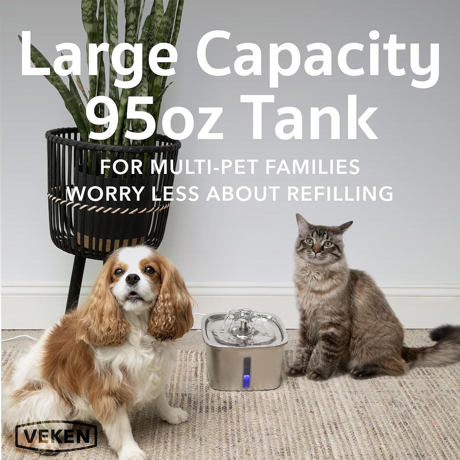 Veken Innovation Award Winner Stainless Steel Cat Water Fountain, 95oz/2.8L Automatic Pet Fountain Dog Water Dispenser with Replacement Filters & Silicone Mat for Cats, Dogs, Multiple Pets (Silver)