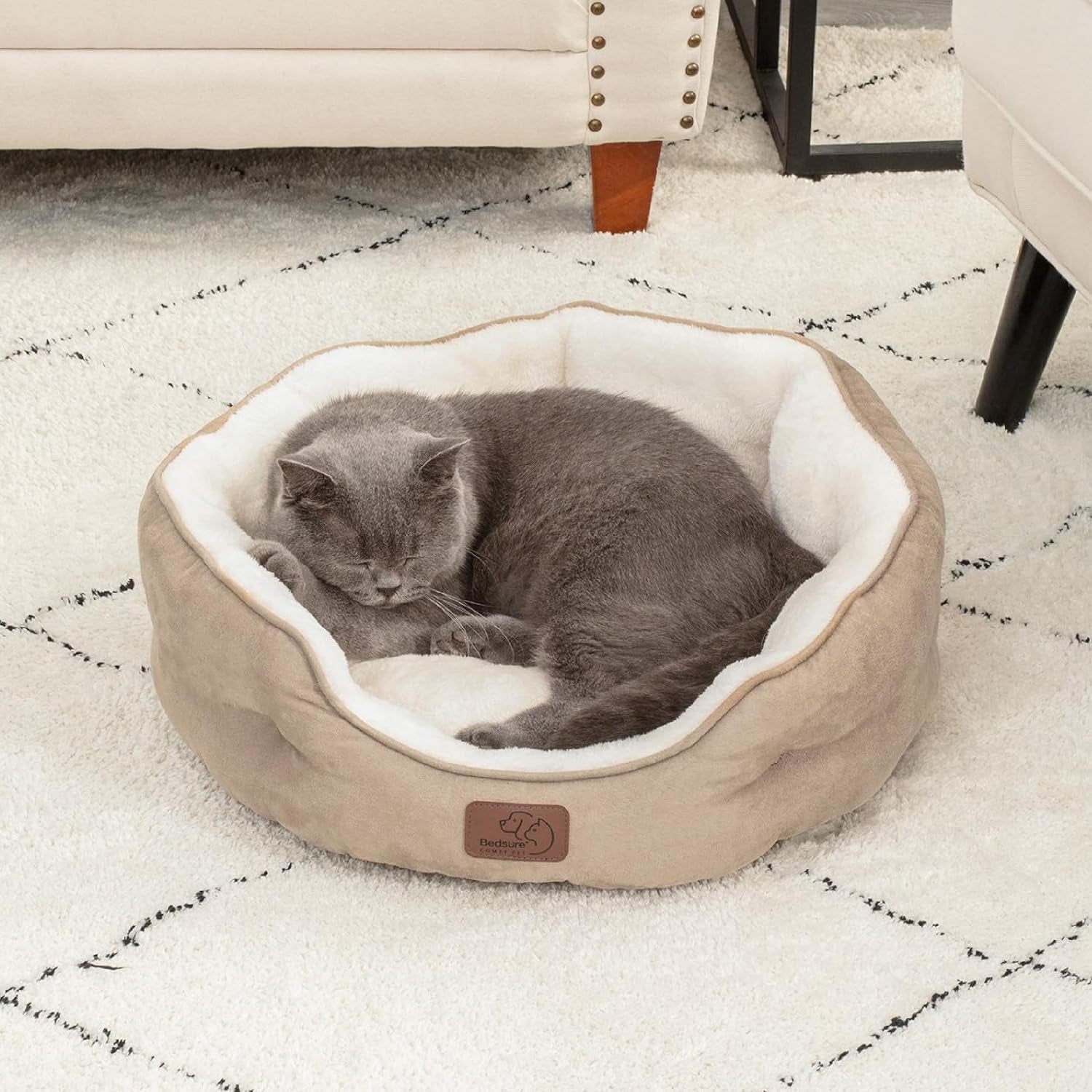 Bedsure Dog Beds for Small Dogs - round Cat Beds for Indoor Cats, Washable Pet Bed for Puppy and Kitten with Slip-Resistant Bottom, 20 Inches, Taupe