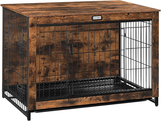 Dog Crate Furniture, 38.6" Large Dog Kennel Indoor, Wooden Dog Crate with Pull-Out Tray, Double Doors Dog House, Modern Side End Table for Small/Medium/Large Dog, Rustic Brown BF982GW03G1