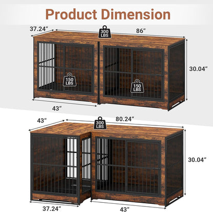 86 Inch DIY Double Dog Crate Furniture, 4 Combination Forms Large Dog Kennel Furniture with Divider and Trays, Rustic Brown Corner Double Dog Crate for 2 Dogs