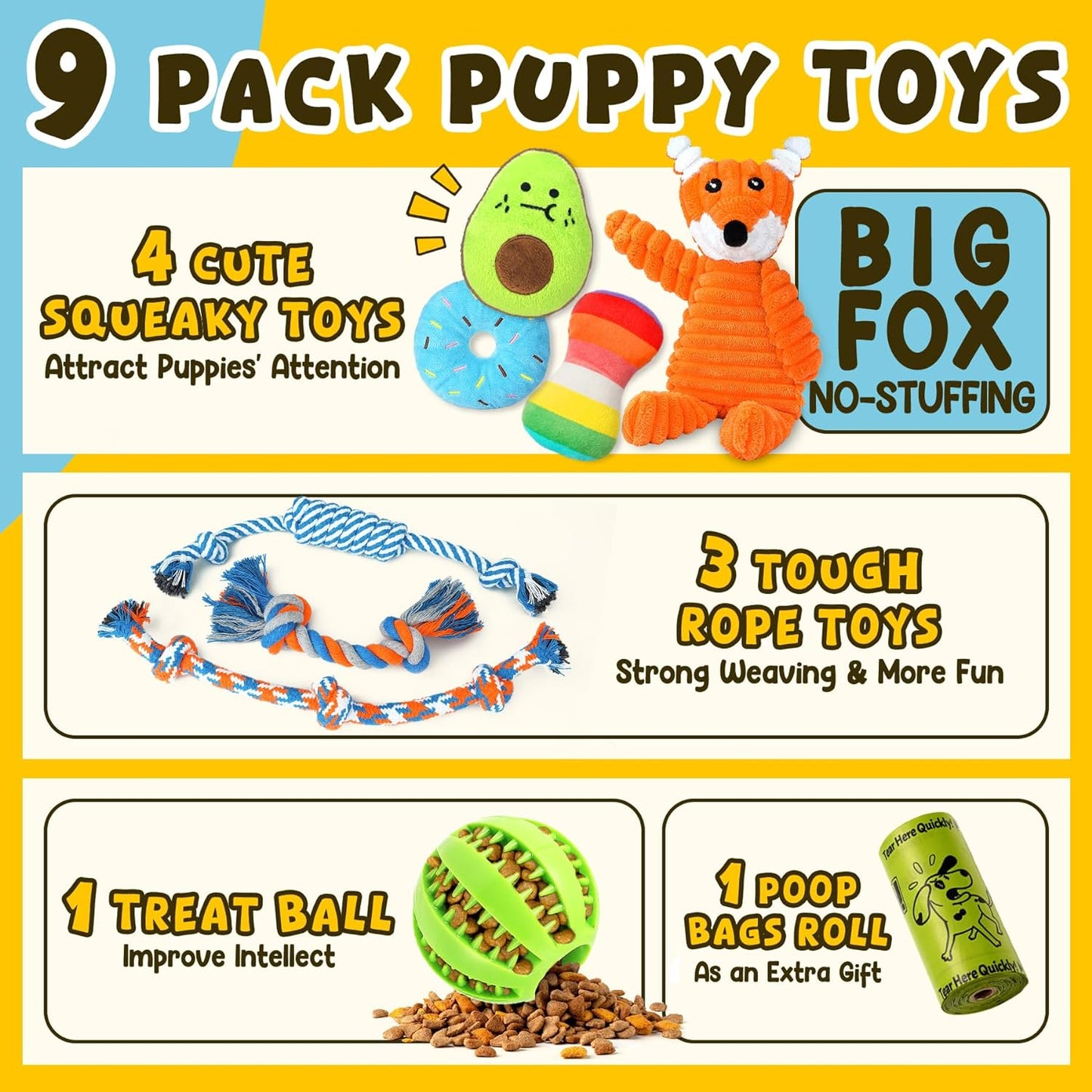 Zeaxuie 9 Pack Luxury Puppy Toys for Teething Small Dogs, Puppy Chew Toys with Cute Squeaky Dog Toys, Ball and More Rope Dog Chew Toys