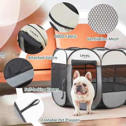 Love'S Cabin Pet Puppy Dog Playpen, Small Dog Tent Crates Cage Indoor/Outdoor, Portable Playpen for Dog and Cat, Foldable Pop up Dog Kennel Playpen with Carring Case, Removable Zipper Top, Grey