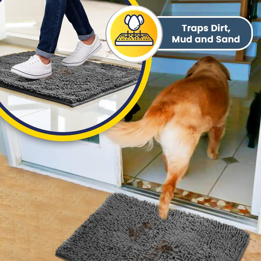 Muddy Mat® AS-SEEN-ON-TV Highly Absorbent Microfiber Dog Door Mat and Pet Rug, Non Slip Thick Washable Area and Bath Mat Soft Chenille for Kitchen Bathroom Bedroom and Indoor - Grey Medium 30"X19"