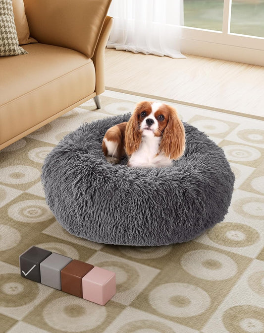 Calming Donut Bed for Dogs and Cats, Ultra Soft Circle Bed, Cozy, Waterproof, Zipper Cover, 20 in Bed, Small Dog Bed (Dark Gray)