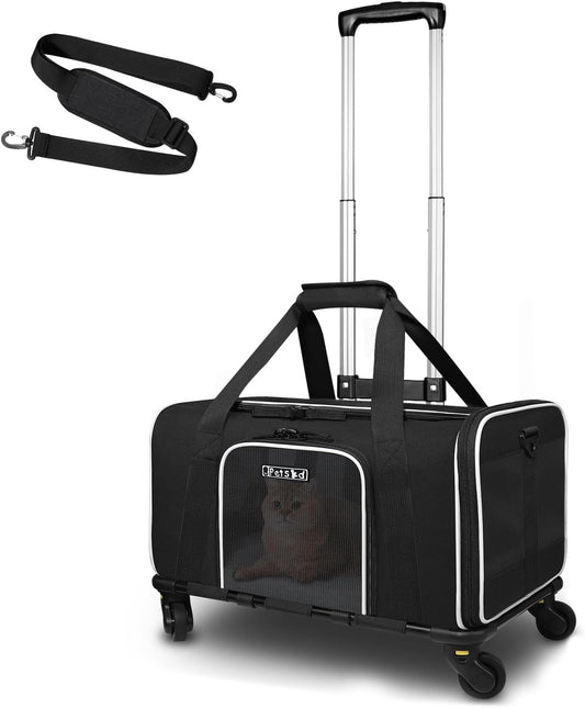 Pet Carrier with Wheels 18X12X8.5 Jetblue Allegiant Airline Approved, Soft Dog Carrier for 1-12 LBS Pets with Safety Lock Zipper(Black)