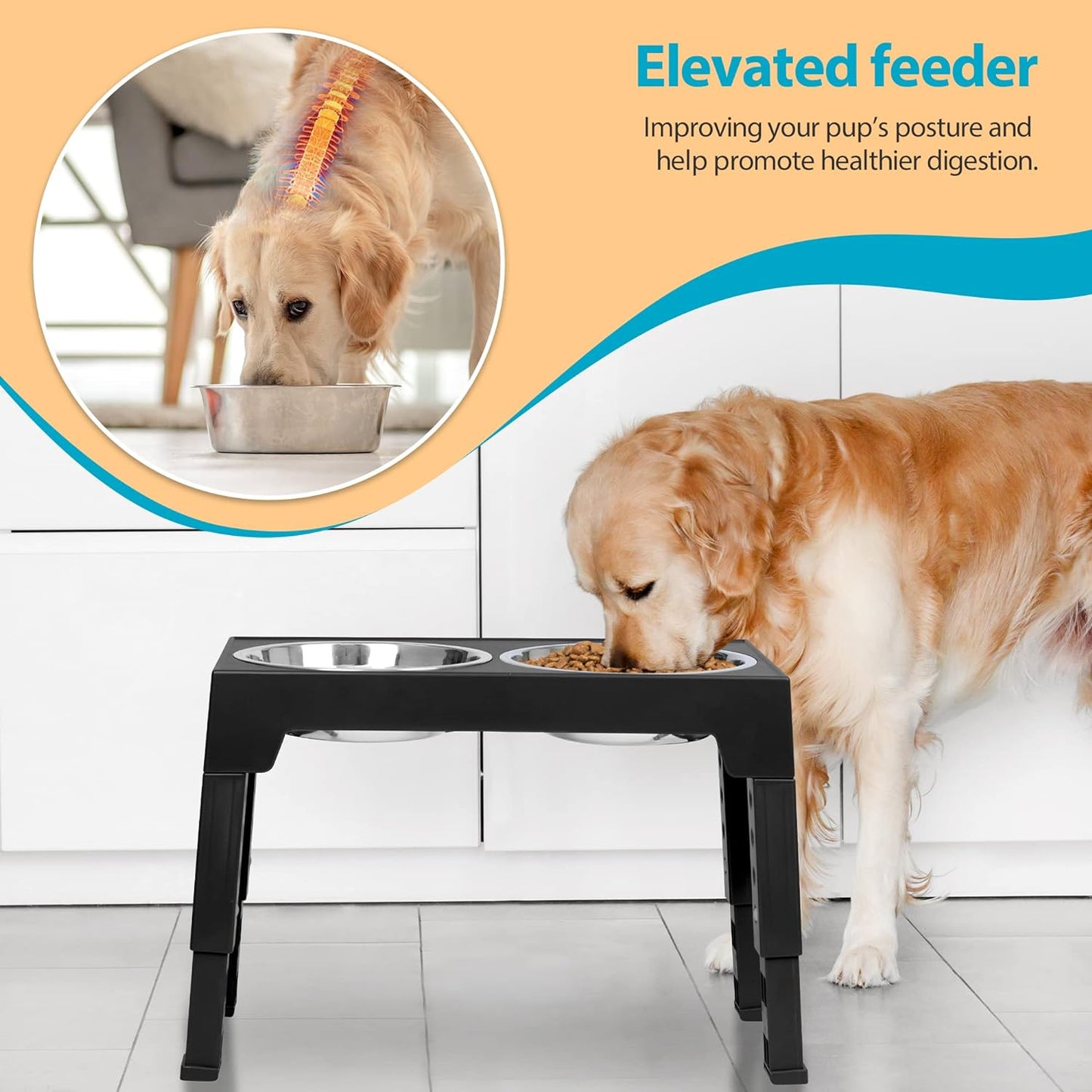 Niubya Elevated Dog Bowls with 2 Stainless Steel Dog Food Bowls, Raised Dog Bowl Adjusts to 5 Heights (3.15", 8.66", 9.84",11.02", 12.2") for Small Medium and Large Dogs