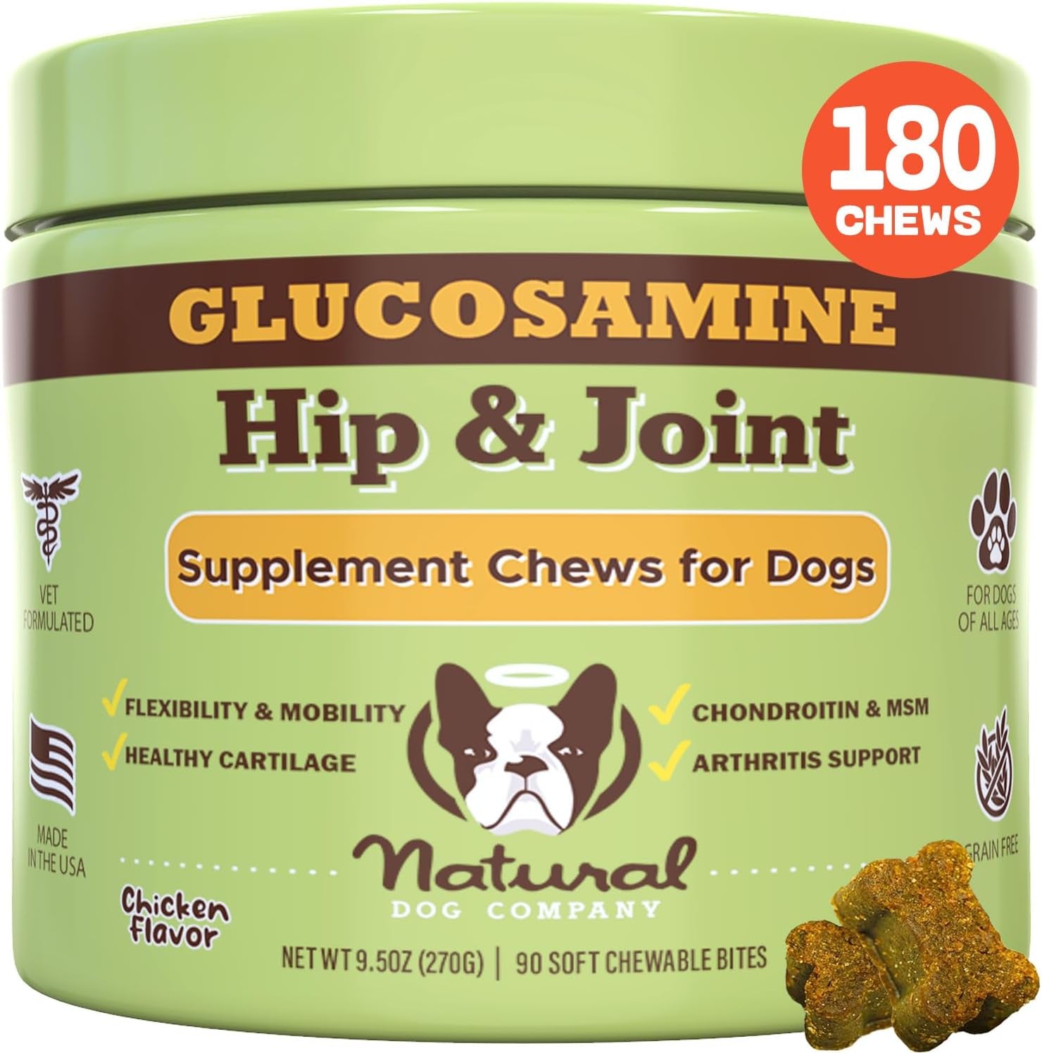 Natural Dog Company Hip & Joint Chews, Chicken Liver & Turmeric Flavor, with Glucosamine Chondroitin for Dogs, Maintains Bone and Joint Health, Supplements for Seniors and Puppies, 180 Count