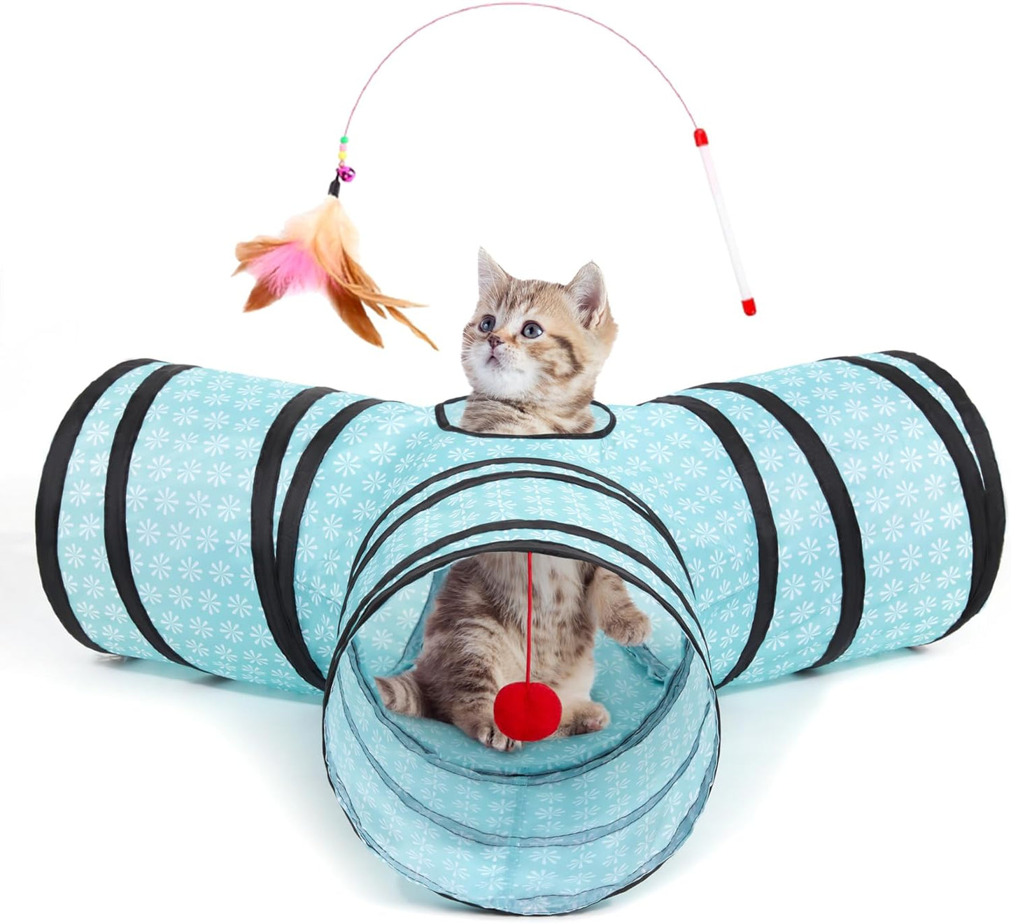 Pet Cat Tunnel Tube Cat Toys 3 Way Collapsible, Cat Tunnels for Indoor Cats，Kitty Tunnel Bored Cat Pet Toys Peek Hole Toy Ball Cat, Puppy, Kitty, Kitten, Rabbit Teardrop Flower