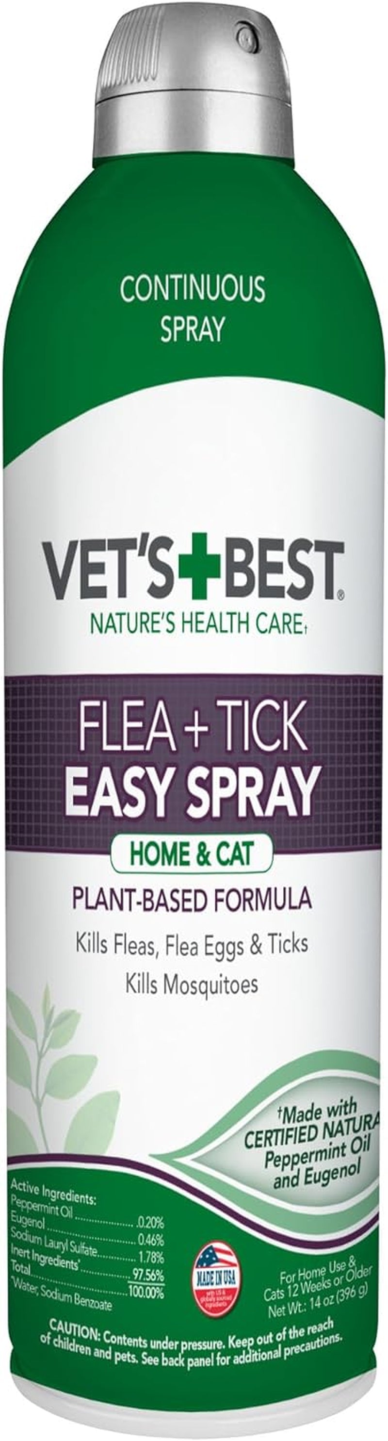 Vet'S Best Flea and Tick Gentle-Mist Spray for Cats - Flea Treatment for Cats - Plant-Based Formula - Certified Natural Oils - Easy Application and Control - 6.3 Oz