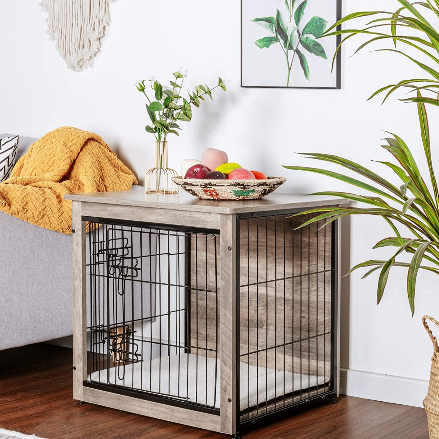 DWANTON Dog Crate Furniture with Cushion, Wooden Dog Crate with Double Doors, Dog Furniture, Dog Kennel Indoor for Small/Medium/Large Dog，End Table, Small, 27.2" L, Warm Brown