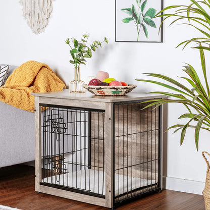 DWANTON Dog Crate Furniture with Cushion, XL Wooden Dog Crate with Double Doors, Large Dog Crate Furniture, Dog Kennel Indoor, End Table, Extra Large, 43.3" L, Dark Grey