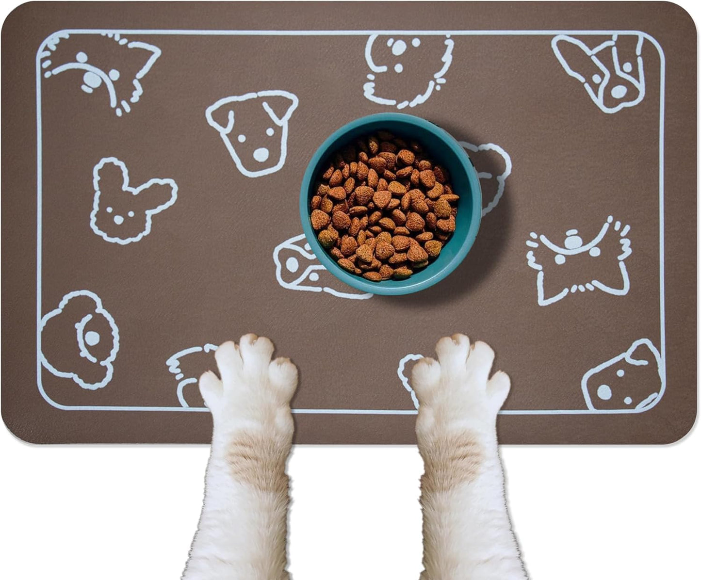 YCT Dog Food Feeding Mat, Non-Slip Dog Mat for Food, Resting and Sleeping Mat, with Multiple Dog Heads Logo，24 X 16.9 Inches, Brown