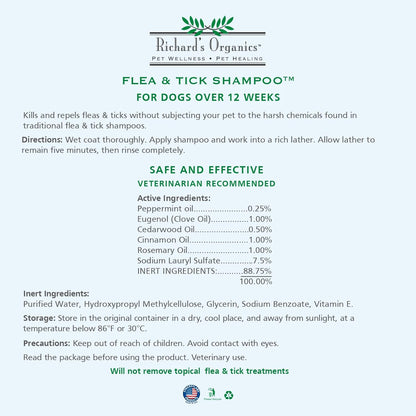 Richard’S Organics Flea and Tick Shampoo for Dogs – 100% All-Natural Actives Kills Fleas, Ticks and Repels Mosquitos – Gentle, Won’T Dry Skin, Great Smelling Essential Oils (12Oz Bottle),Fg00440