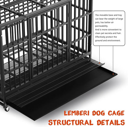 LEMBERI 48/38 Inch Heavy Duty Indestructible Dog Crate, Escape Proof Dog Cage Kennel with Lockable Wheels,High Anxiety Double Door Dog Crate,Extra Large Crate Indoor for Large Dog with Removable Tray