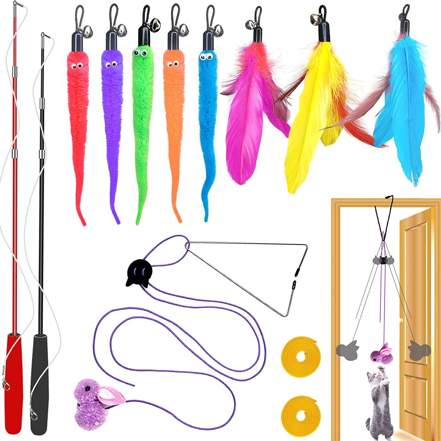 Cat Toys Interactive for Indoor Cats,2Pcs Retractable Cat Wand Toys,9Pcs Teaser Toys&1Pcs Hanging Door Lure Cat Toy,Interactive Feather Toy for Teaser Play and Chase Exercise with Kitten